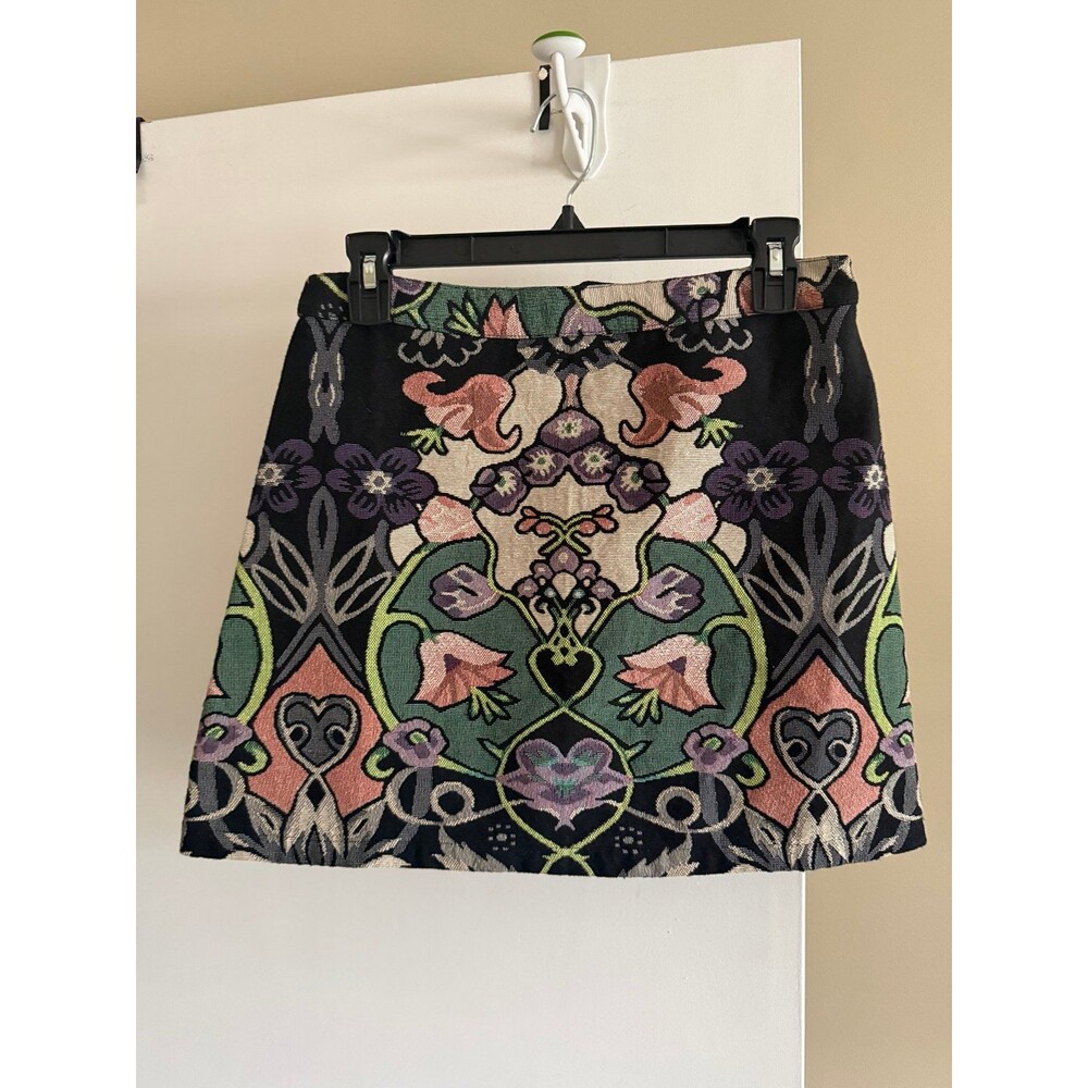 Topshop Floral Jacquard Mini Skirt Womens US 6 Black Multicolor A-Line